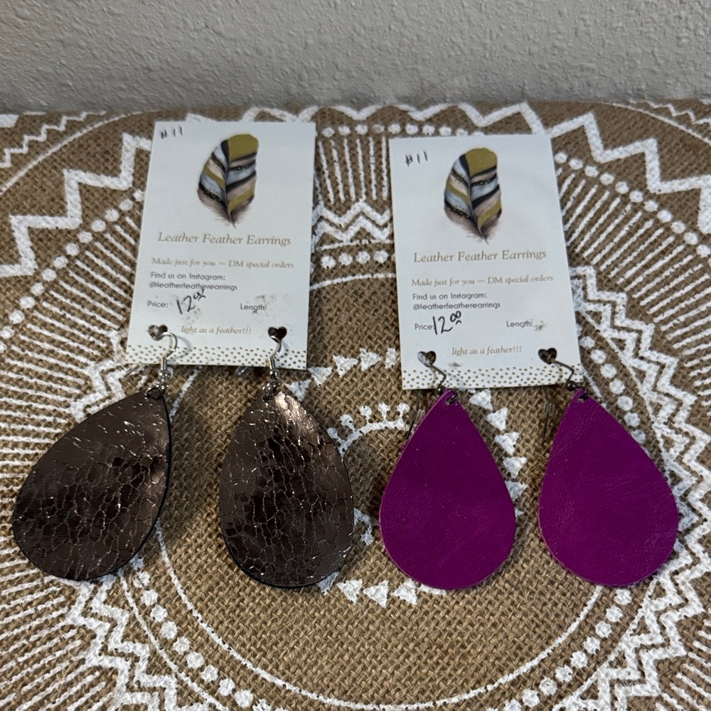 Leather Feather Earrings - Crackle Charcoal and Metallic Pink/Purple set of 2